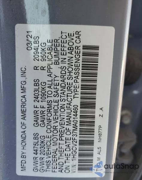 2021 Honda Accord Sport из США, поврежденный, VIN 1HGCV2F37MA014460